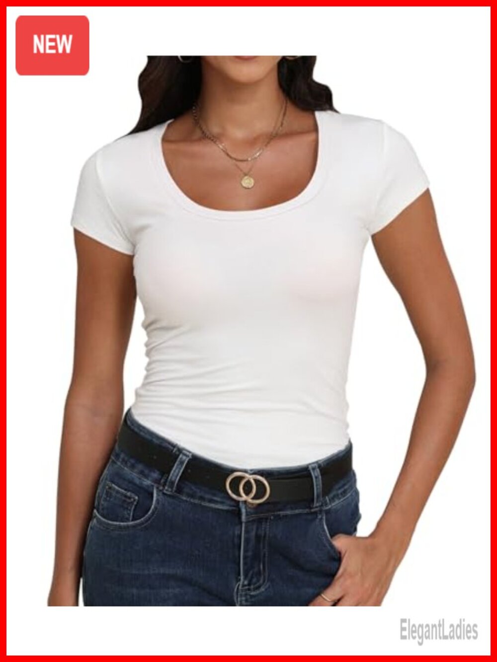 Scoop Neck Short Sleeve Fitted T-Shirt Stretchy Casual Summer Basic Top
